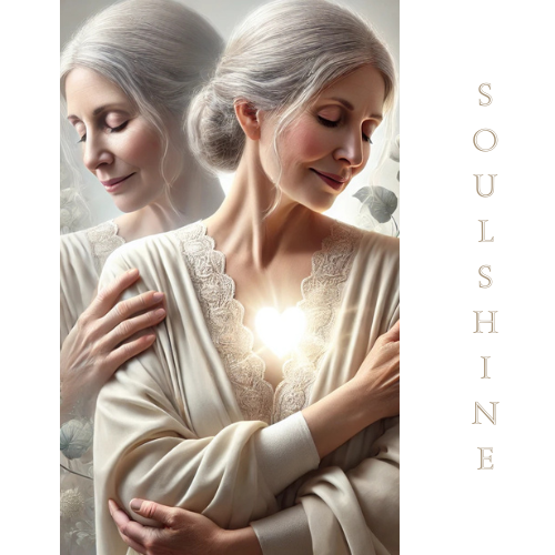 Eine ältere Frau mit grauen Haaren, die in einem hellen Gewand mit einem sanften Lächeln posiert, während sie ihr Herz symbolisch hält.