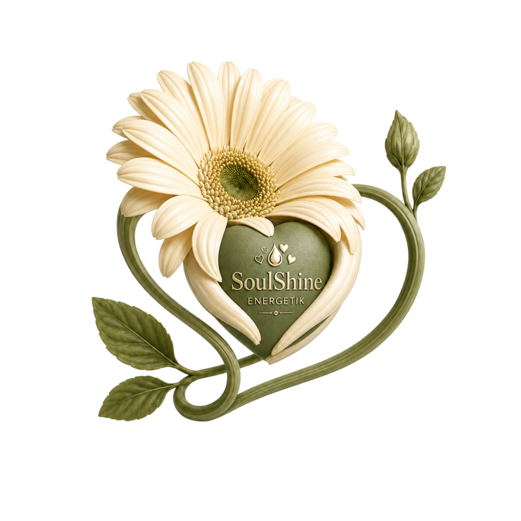 Cremefarbene Blüte mit olivgrünem Herz und dem Schriftzug SoulShine Energetik, umrankt von Blättern und Stielen.