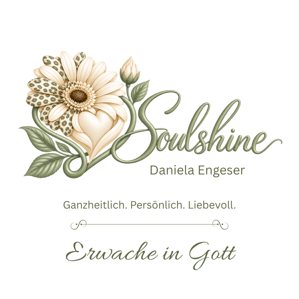 Das florale SoulShine-Logo zeigt eine cremefarbene Blüte in Herzform; darunter stehen Daniela Engeser, „Ganzheitlich. Persönlich. Liebevoll.“ und „Erwache in Gott“.