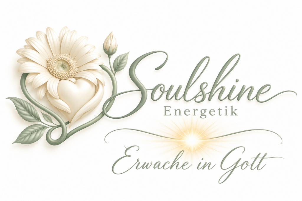 Florales SoulShine-Logo mit Gänseblümchen, Herz und Schriftzug „Erwache in Gott“ für Online Courses.
