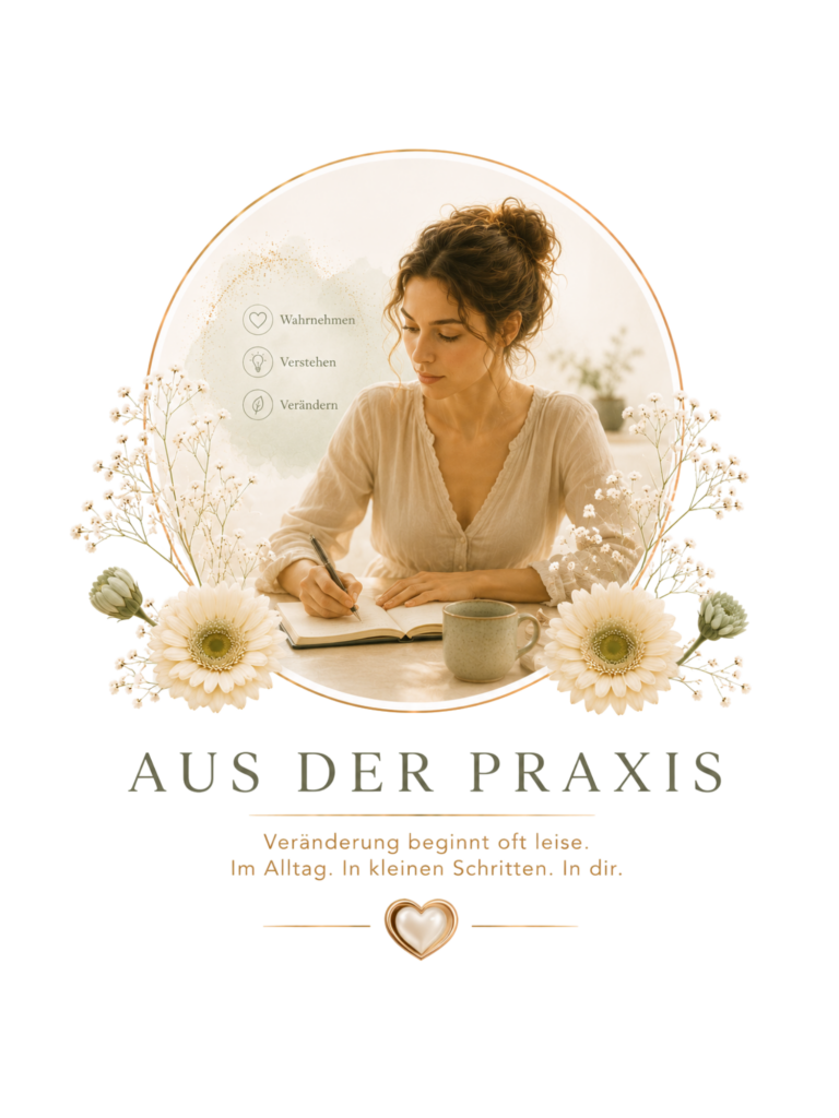 In sanftem Licht schreibt eine Frau bei Blumen und einer Tasse Kaffee im Journal, begleitet von den Worten „Aus der Praxis“ und SoulShine.