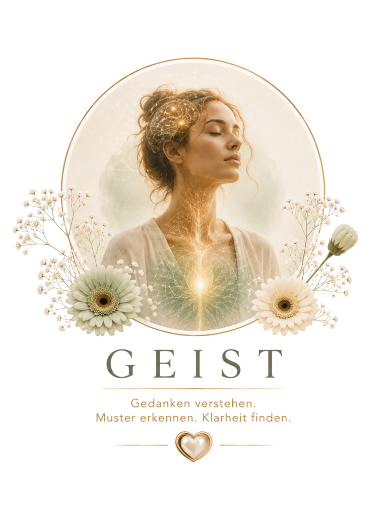Eine meditative Frau mit leuchtendem Energiekreis und Blumenmotiv zeigt das Thema Geist, Gedanken verstehen, Muster erkennen und Klarheit finden.