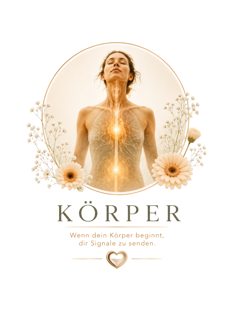 Eine Frau mit geschlossenen Augen steht vor einem leuchtenden Körpermotiv, umgeben von zarten Blumen, dazu der Titel KÖRPER und der Satz über Körpersignale.