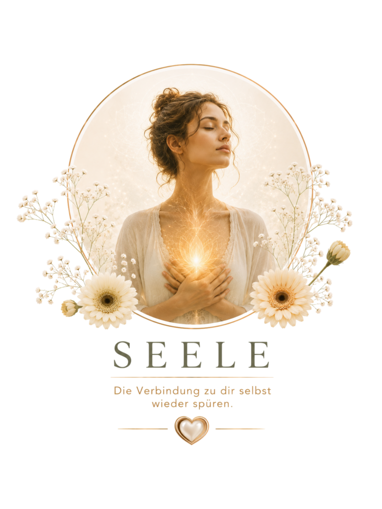 Eine meditative Frauenfigur mit leuchtendem Herzchakra, Blumen und dem Titel „SEELE – Die Verbindung zu dir selbst wieder spüren.“