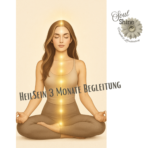 Illustration einer Frau in Meditationspose mit leuchtenden Energiepunkten entlang der Wirbelsäule und dem Text 'HeilSein 3 Monate Begleitung'.