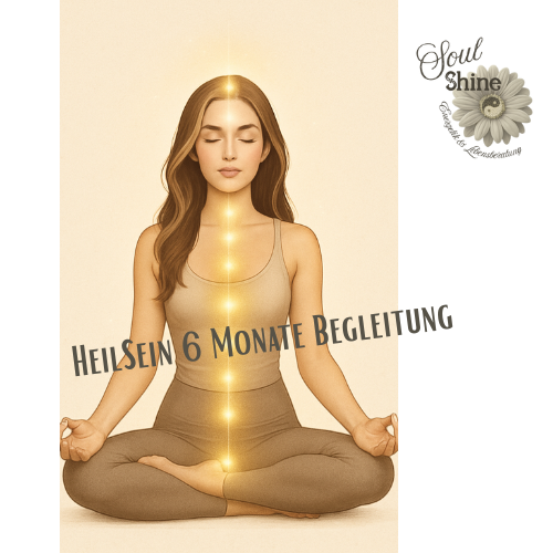Eine Frau in Meditationshaltung mit leuchtenden Energiepunkten entlang der Wirbelsäule, umgeben von einem Logo.