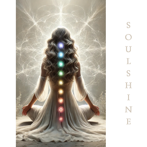 Eine Frau mit langen, lockigen Haaren sitzt im Lotussitz, mit leuchtenden Chakren entlang ihrer Wirbelsäule.