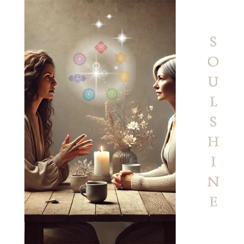 Zwei Frauen in einem Gespräch über energetische Lebensberatung mit symbolischen Darstellungen von Chakras im Hintergrund.