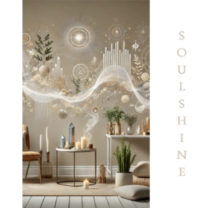 Künstlerische Wandgestaltung mit geometrischen Mustern und Pflanzen, umgeben von Kerzen und Dekorationsobjekten.