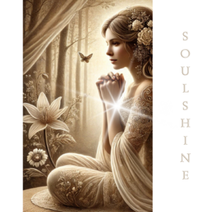 Eine Frau in einem eleganten, hellen Kleid mit gefalteten Händen, umgeben von Blumen und einer sanften Lichtquelle.