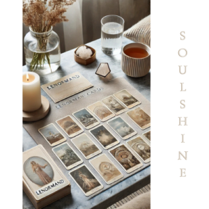 Lenormand-Karten auf einem Tisch, umgeben von Kerzen und einer Tasse, die eine ruhige Atmosphäre schaffen.