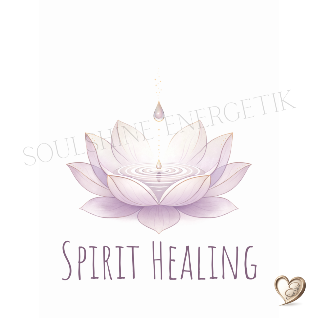 Lila-rosa Lotusblume mit schimmernden Wasserringe im Zentrum, Tropfen fallen nach oben, watermark SoulShine Energetik und text Spirit Healing