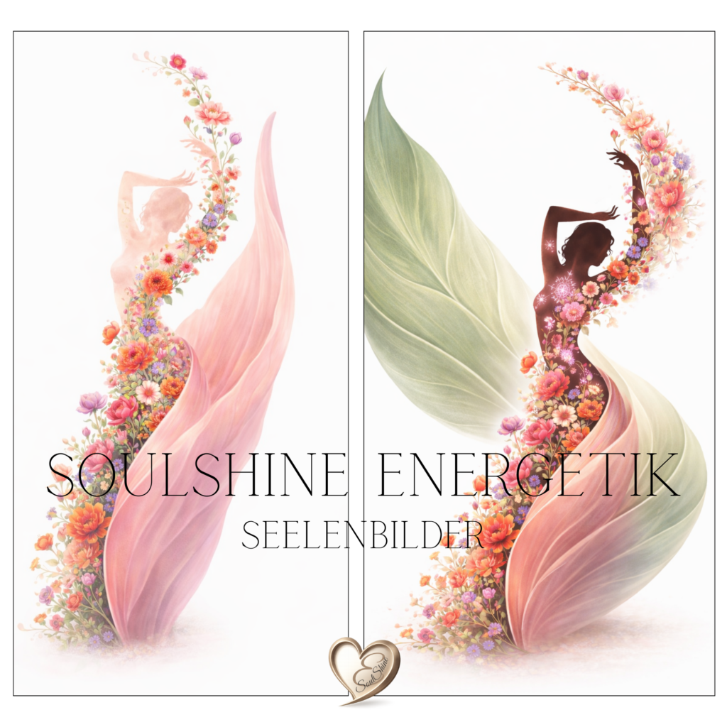 SoulShine Seelenbilder – zweigeteiltes florales Dancer-Artwork mit blumenreicher Silhouette, rosa- und grüntöne, gerahmt, Logosignet am unteren Rand
