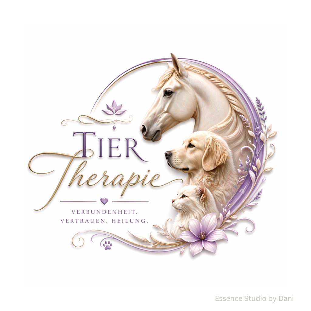 Lila und goldfarbenes Logo „Tiertherapie“ mit Pferd, Hund und Katze sowie den Worten „Verbundenheit, Vertrauen, Heilung“.