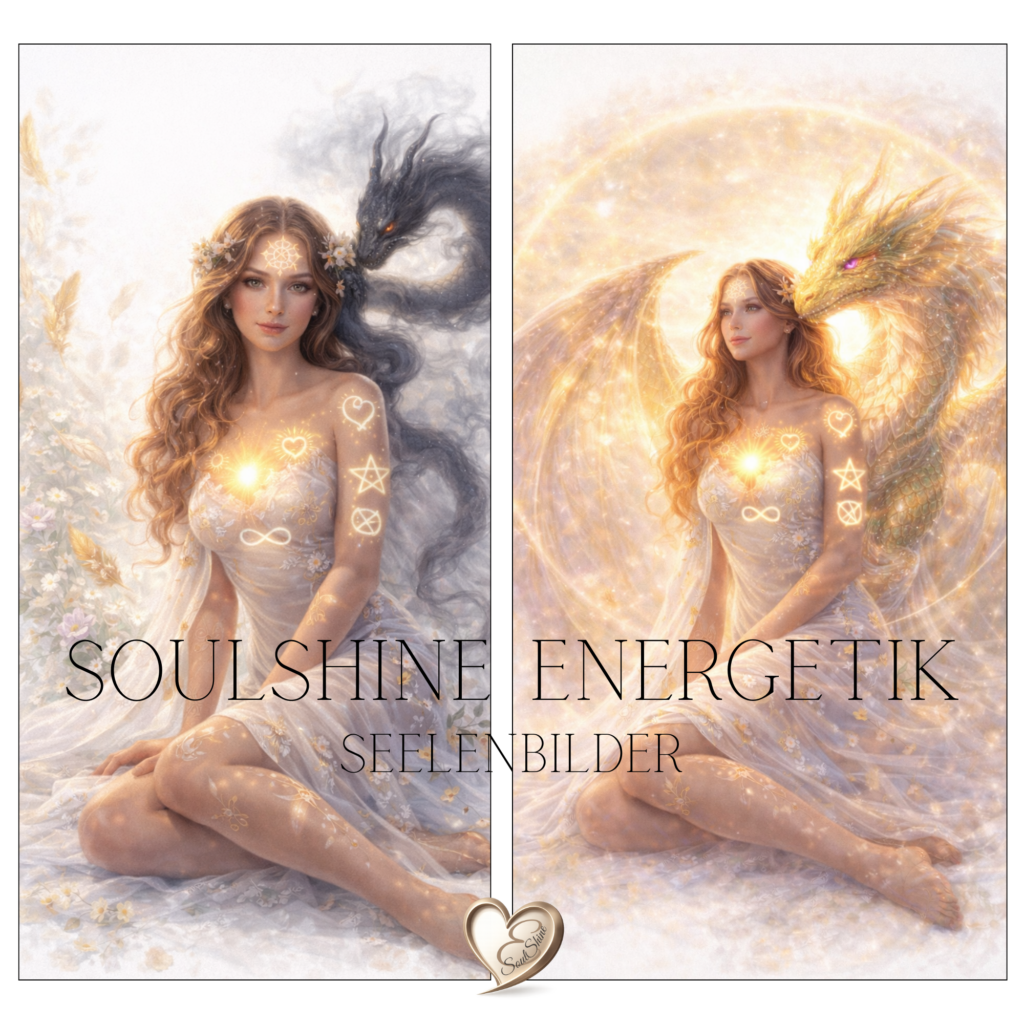 Zwei weibliche Gestalten in hellen, feinen Roben mit goldenen Symbolen auf Arm und Brust, umgeben von warmem Licht im SoulShine Stil.