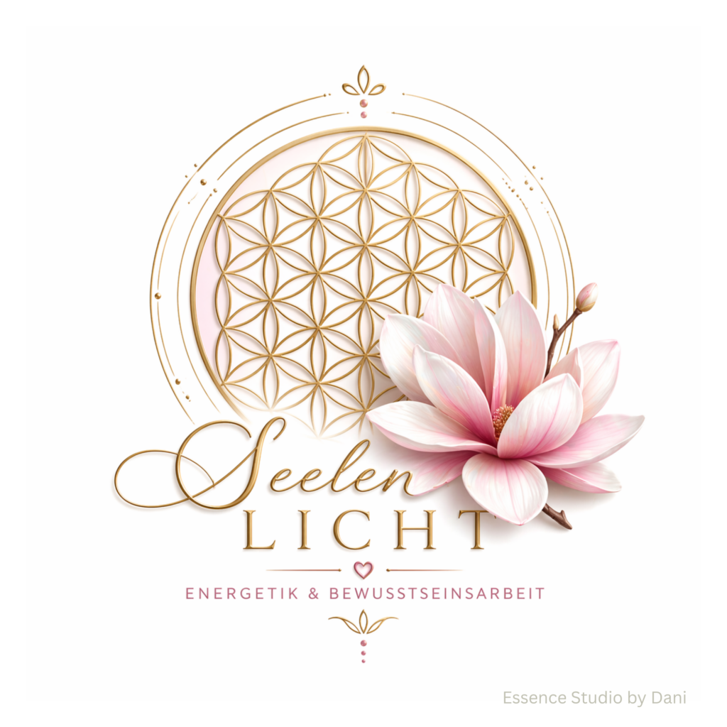 Goldenes Blumen-des-Lebens-Motiv mit rosa Blüten und fein veredelten Linien für Essence Studio by Dani rund um Licht & Energetik.