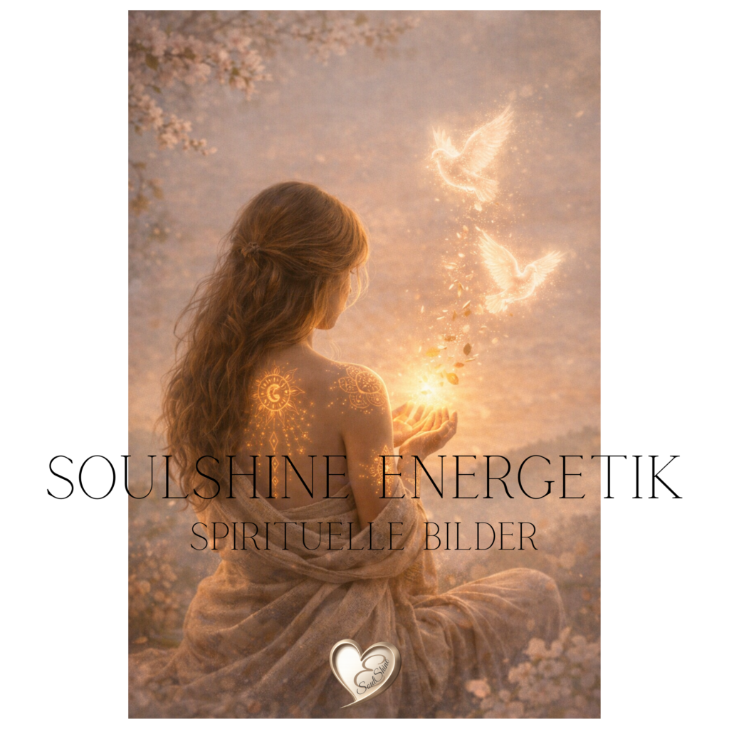 Goldene, leuchtende Szene einer Frau mit Rücken-Tätowierung, die von zwei flammenden Dächern aus Licht umgeben ist; sanfte Farbgebung, Drosselnde Sterne und weiße Tauben; SoulShine branding sichtbar