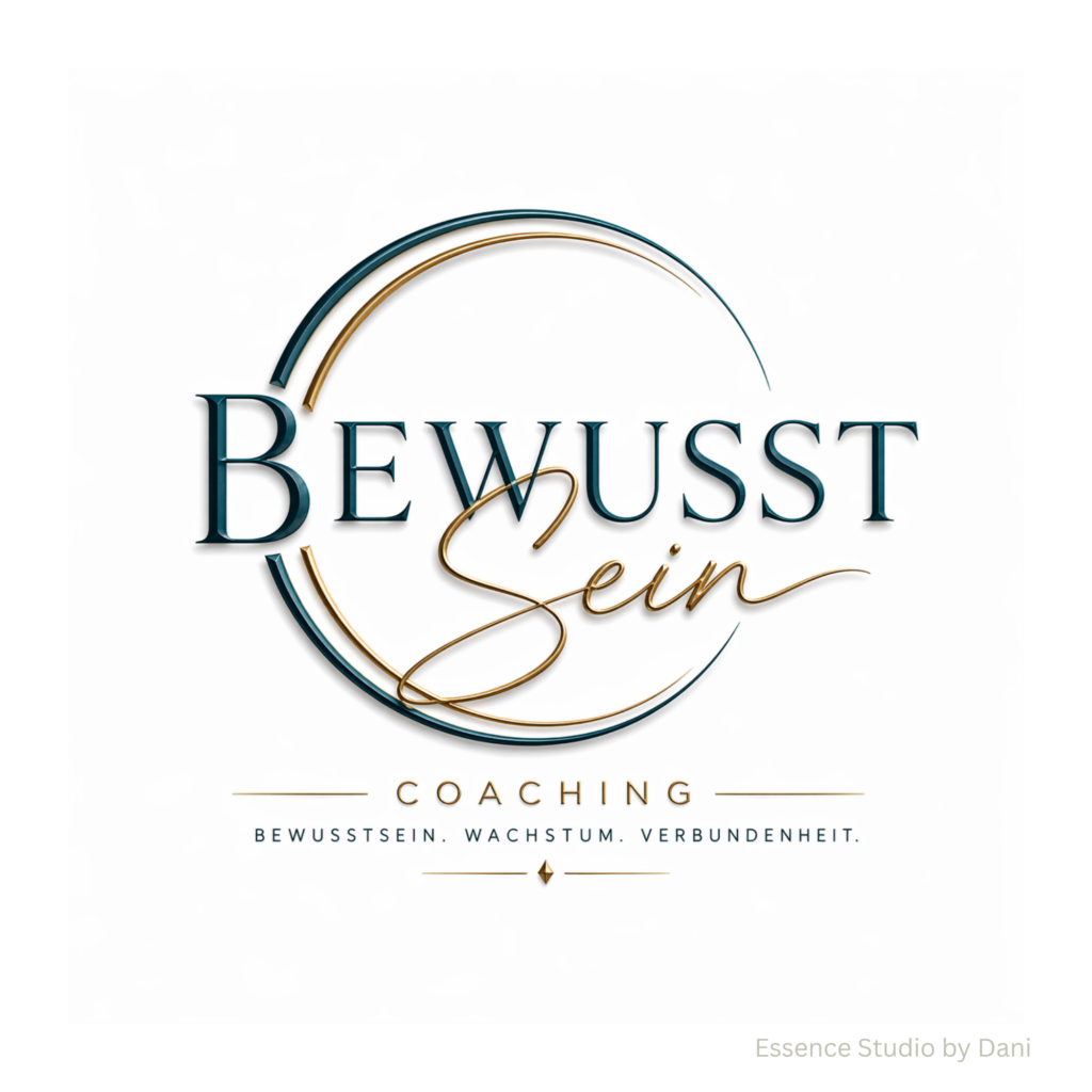 Markenlogo mit „BEWUSSTSEIN“, „Coaching“ und Herzsymbol: türkisfarbene Buchstaben mit goldenen Linien sowie dem Claim „Bewusstsein. Wachstum. Verbundenheit.“
