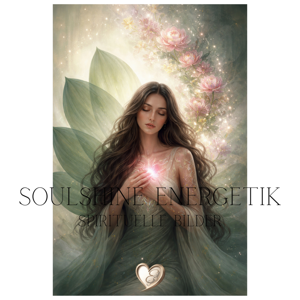 SoulShine Bild einer Frau mit leuchtendem Herz, umgeben von großen grünen Blättern und rosa Blüten, sanfte Pastellfarben, verträumte Stimmung, energetische Ausstrahlung
