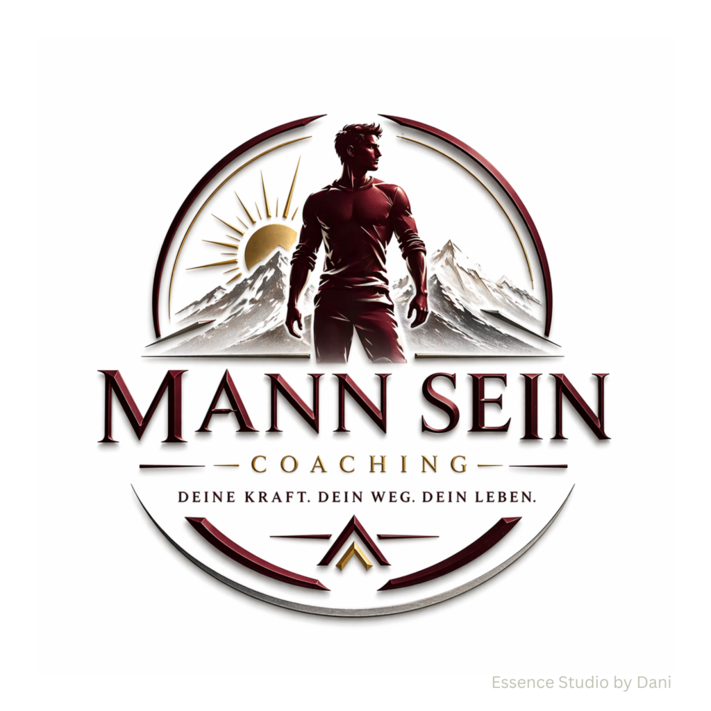 Markenlogo „MANN SEIN“ mit goldener Sonne und Bergsilhouette, roter Bogenform und dem Motto „Deine Kraft. Dein Weg. Dein Leben.“