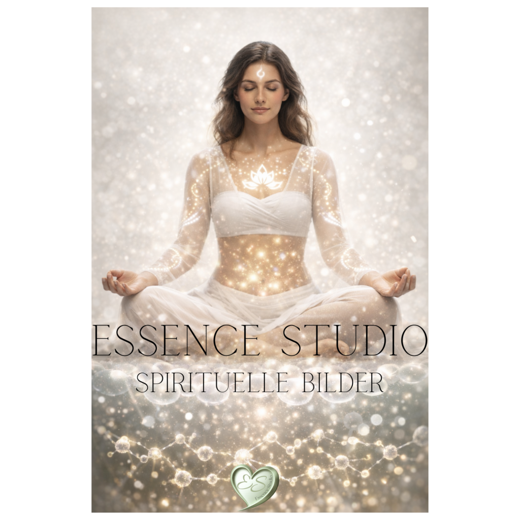 Ruhende Person im Lotussitz mit spirituellem Lotos-Icon und goldenen Lichtpunkten vor „Essence Studio“ und „Spirituelle Bilder“.