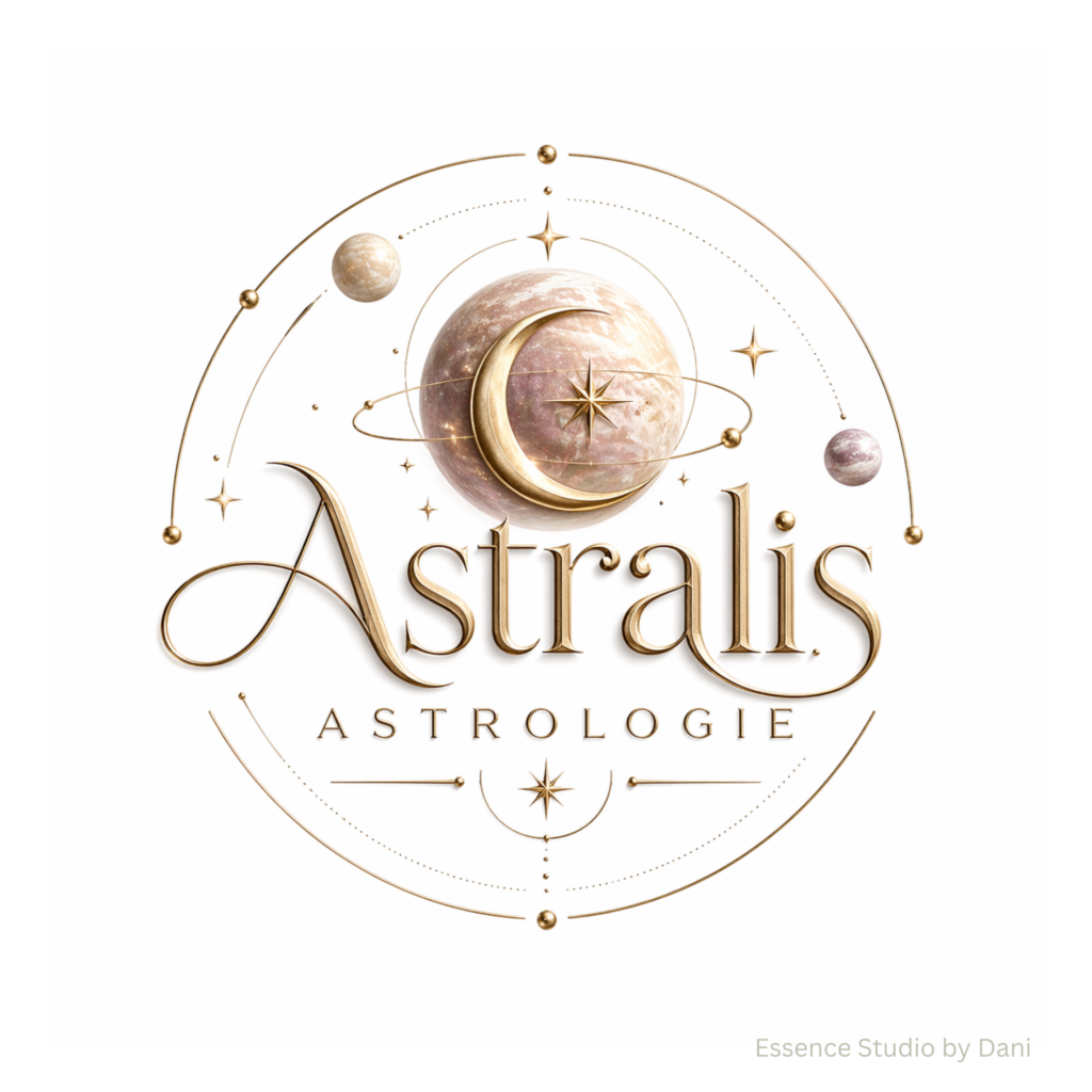 Kosmisches Design mit Planeten, goldenen Bahnen und Sternen sowie dem Schriftzug „Astrologie“ – Essence Studio by Dani.