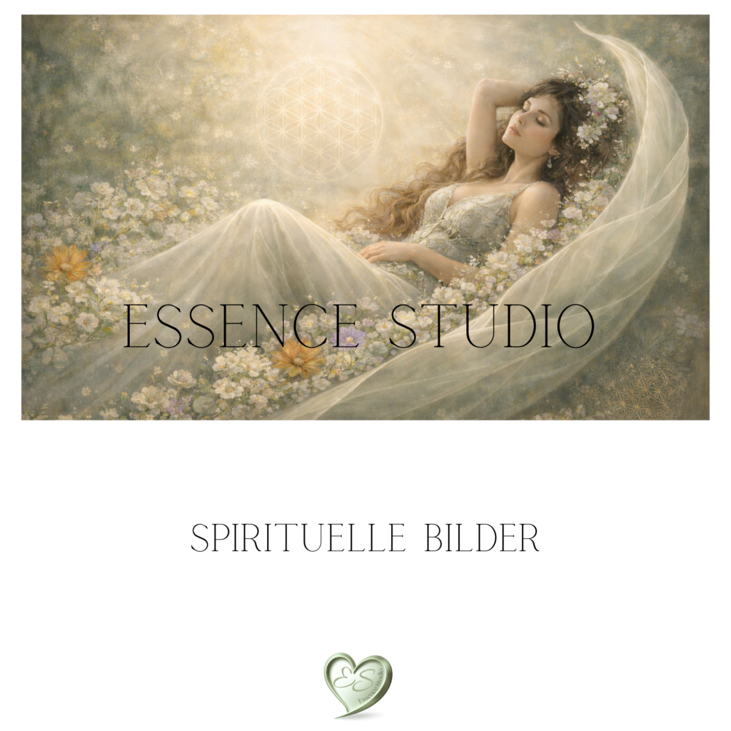 Sanfte florale Komposition in goldenen Tönen mit „ESSENCE STUDIO“ und „SPIRITUELLE BILDER“, als Ausdruck von Farbe, Form und feiner Wahrnehmung.