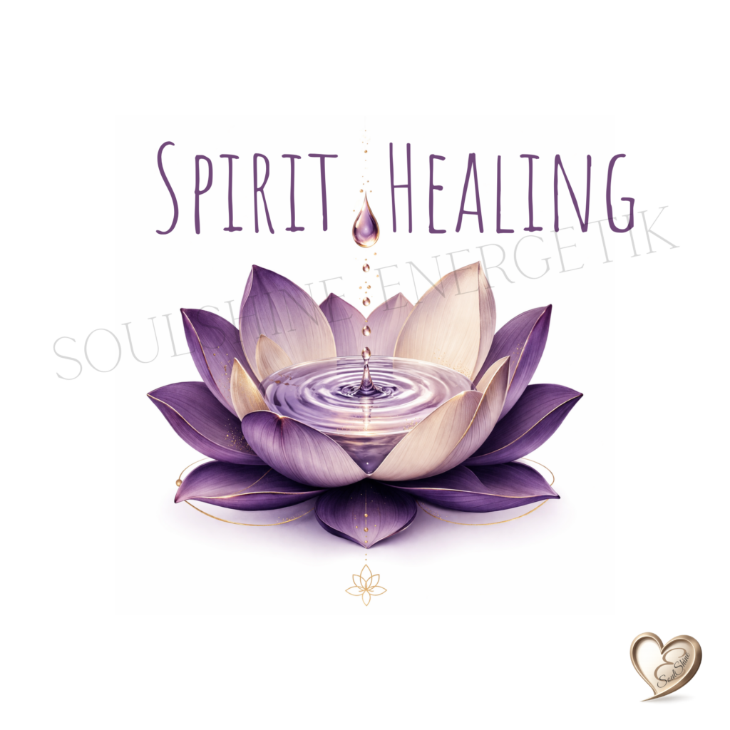 Spirit Healing-Lotus in violett-tönen, Wasserperle tropft ins Zentrum, SoulShine-Logo dezent rechts unten, zarte goldene Akzente, beruhigende Energie-Ästhetik
