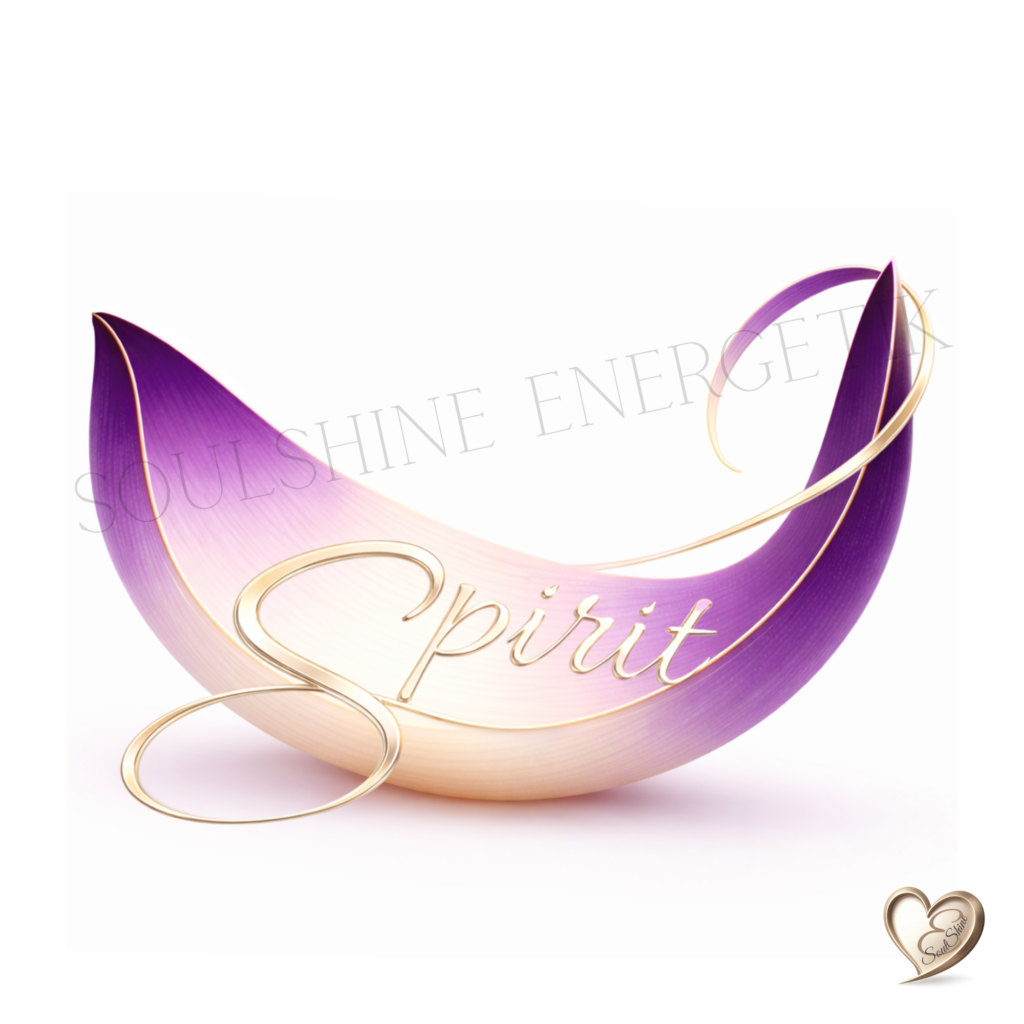 SoulShine Logo-Seelenbild in lila-gold, geschwungene goldene Linien über pastellviolettem Bogen, zarter Schriftzug Spirit, weißer Hintergrund, kleines Herz-Signet