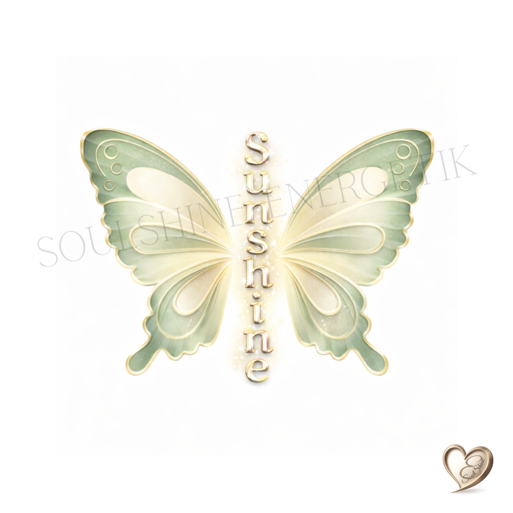 Schmetterlings-Design in pastellgrünen und goldenen Tünen, vertikal das Wort Sunshine lesbar, SoulShine-Wasserzeichen im Hintergrund, elegante Ausstrahlung