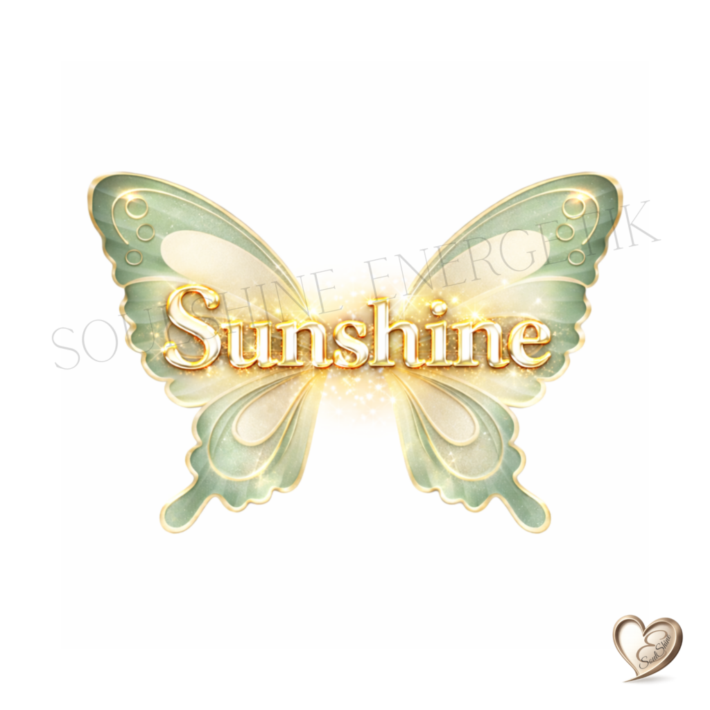 Grüner Schmetterling mit goldener Umrandung und dem Schriftzug Sunshine, verziert mit leuchtenden Akzenten; stilisiertes, ruhiges Design.