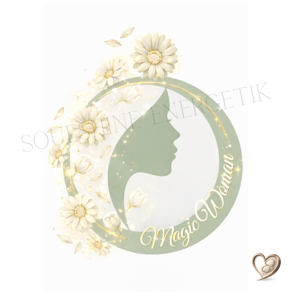 Grünes Profil-Silhouettenbild im Kreis mit weißen Blüten, goldenen Akzenten und dem stilisierten Schriftzug Magic. Ein zarter Floraldraht schmückt den Rahmen, ergänzt durch funkelnde Lichtakzente.