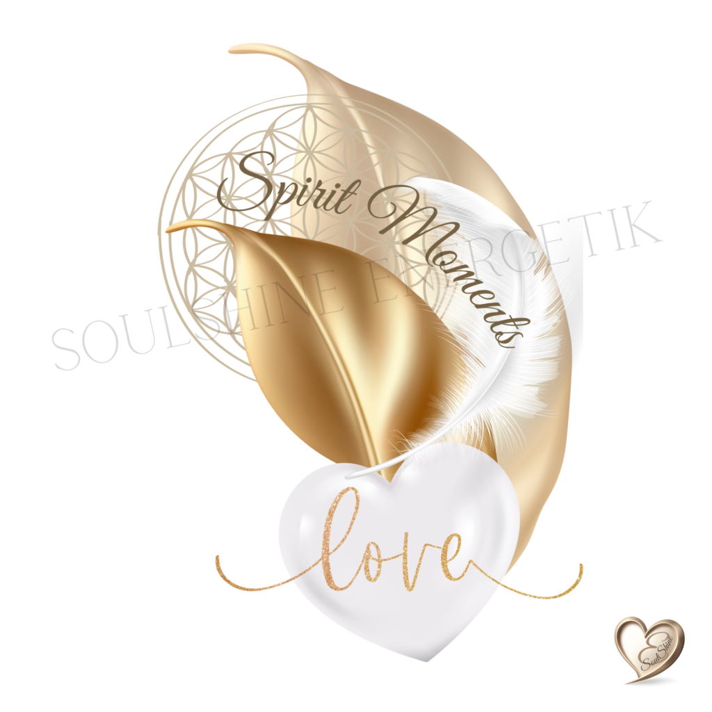 SoulShine Seelenbild mit goldenen Blättern, weißem Herz und Feder, goldene Schrift ‘love’ ergänzt durch sanfte kreisende Designelemente, Gestaltung von Daniela Engeser.