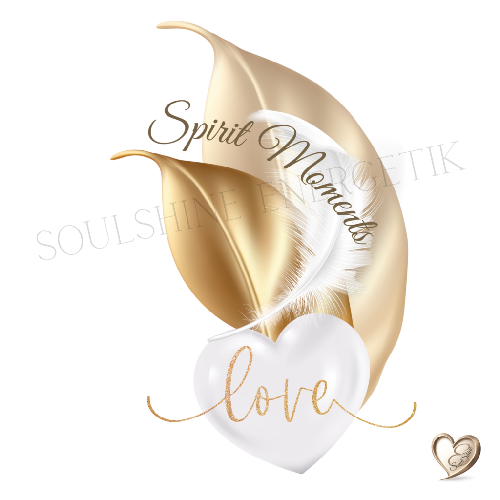 Spirituelle Gold- und Weißsignaturen, Herzmotiv mit Schriftzug Love, watermark SoulShine, sanfte Federn, feine Ornamentlinien