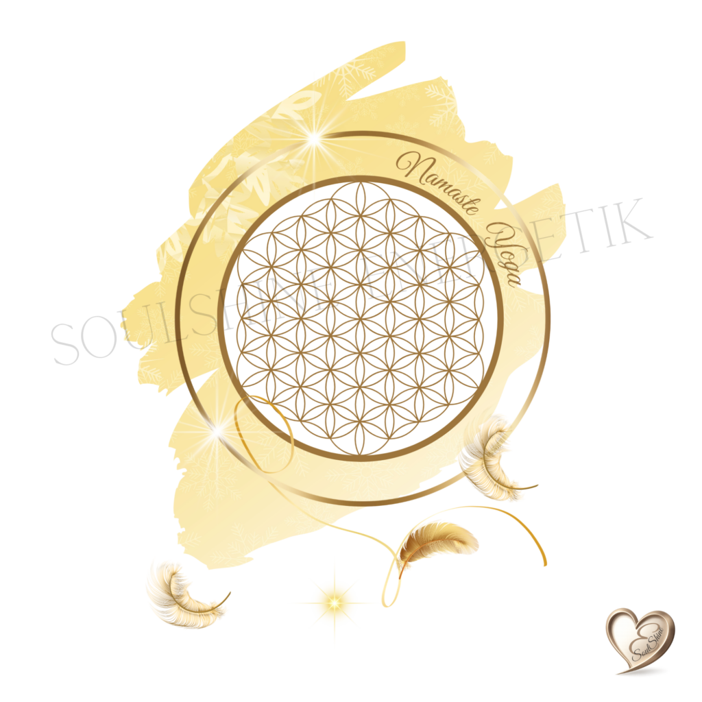 Goldenes Symbol mit der Blume des Lebens im Zentrum, umgeben von zwei goldenen Kreisen, Federn und Sternenlicht; SoulShine-Design von Daniela Engeser verweist auf Seelenbilder.