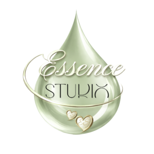 Sanftes Essence Studio Logo in grün-gläserner Optik, mit Schriftzug und Herz-Emblem im runden, licht schimmernden Design.
