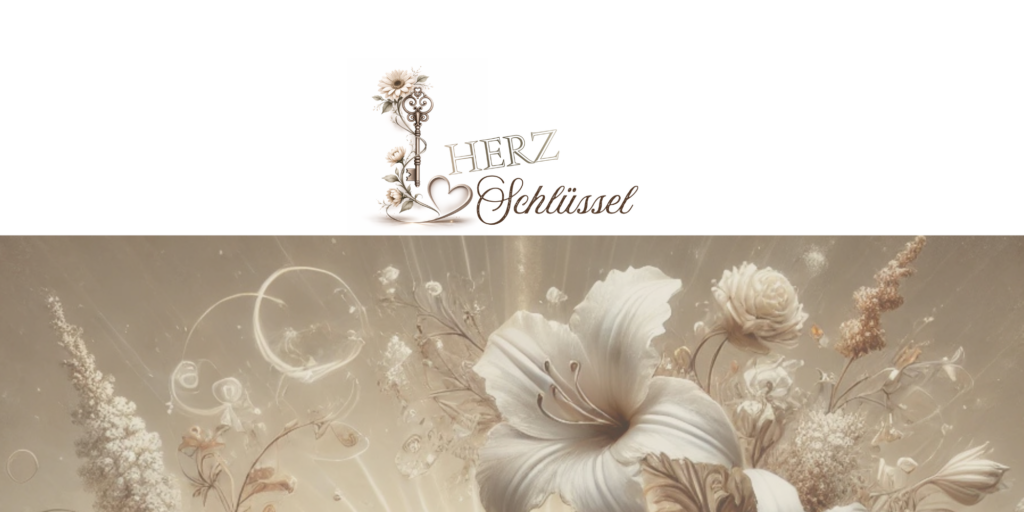 Herzschluessel Logo mit floraler Verzierung in Beige, zartem Blumenmotiv und geschwungener Schrift, SoulShine Markenkern, Seelenbilder Design von Daniela Engeser