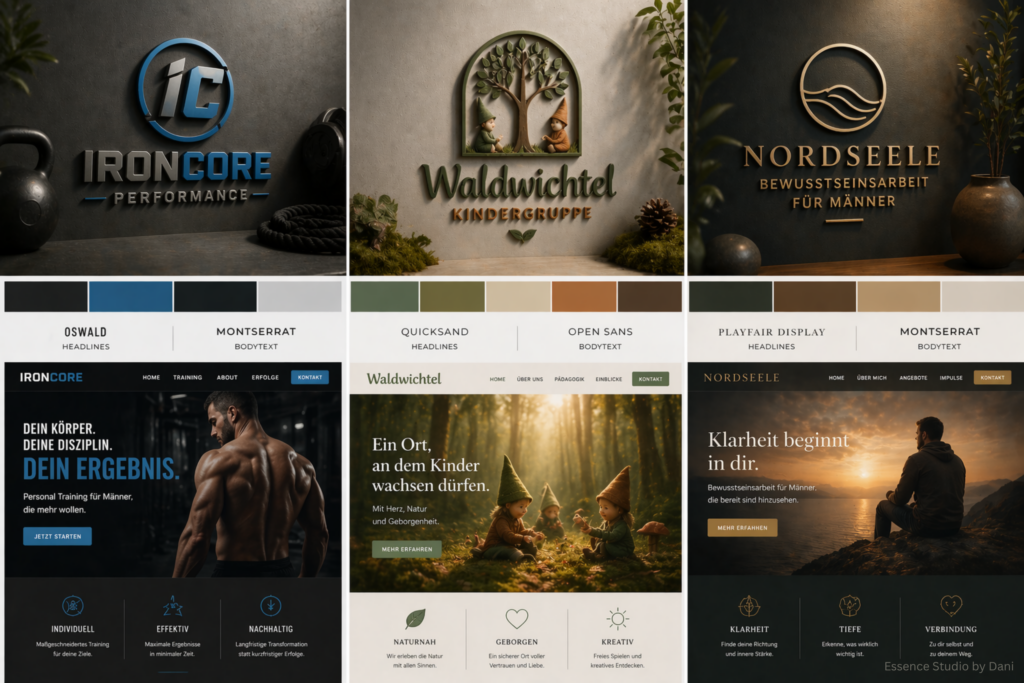 Drei Website-Entwürfe aus dem Webseiten-Portfolio mit IRONCORE PERFORMANCE, Waldwichtel Kindergruppe und NORDS EELE Bewusstseinsarbeit für Männer, dunkel und farbige Typografie.