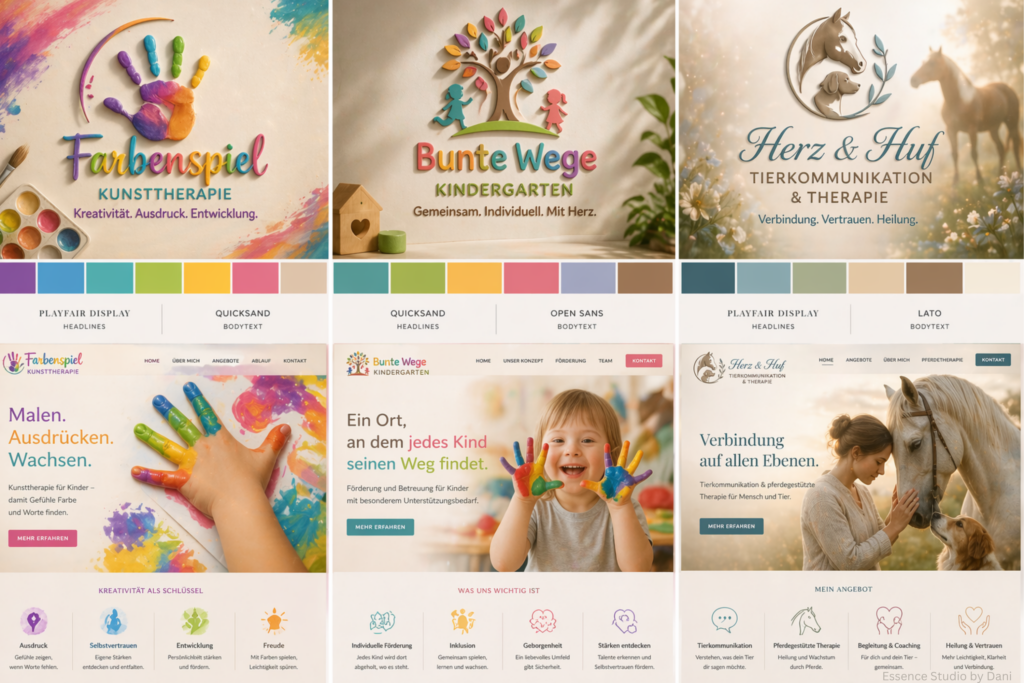 Pastellfarbene Website-Entwürfe mit Designs für „Farben spiel“, „Bunte Wege Kindergarten“ und „Herz & Huf“, klar typografiert und bunt gestaltet.