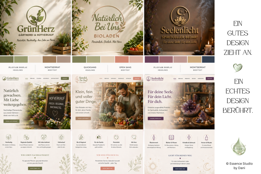 Mehrere Website-Designs von Essence Studio: GrünHerz, Natürlich Bei Uns und Seelenlicht mit warmem Licht, goldenen Akzenten und grünen Farbflächen.