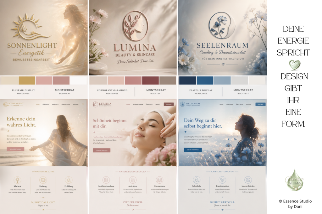 Pastellfarbene Website-Designs mit goldenen Akzenten: Sonnenlight Energetik, LUMINA Beauty & Skincare und SEELENRAUM Coaching & Bewusstseinsarbeit im Collage-Stil.