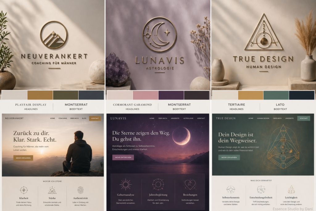 Drei Design-Entwürfe mit klaren Logos und Typografie für Neunverankert, Lunavis und True Design, inklusive Farbpalette in Violett, Gold und Pastelltönen.