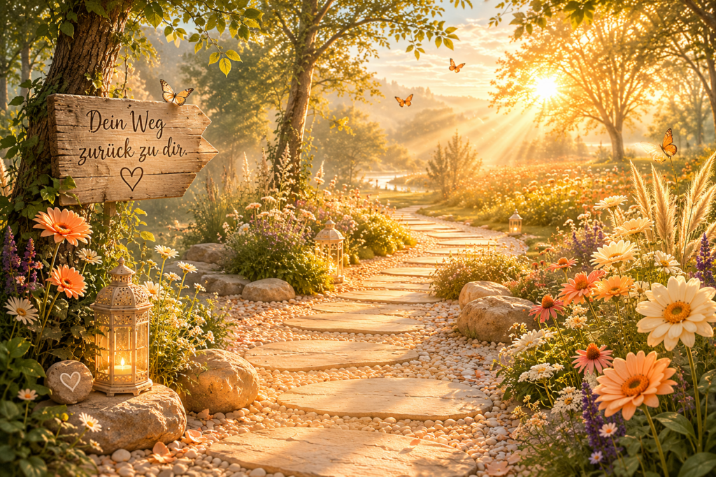 Ein sonniger Weg mit Gerberas, Butterblumen und Laternen führt im warmen Licht von HeilSein und SoulShine durch eine blühende Landschaft.
