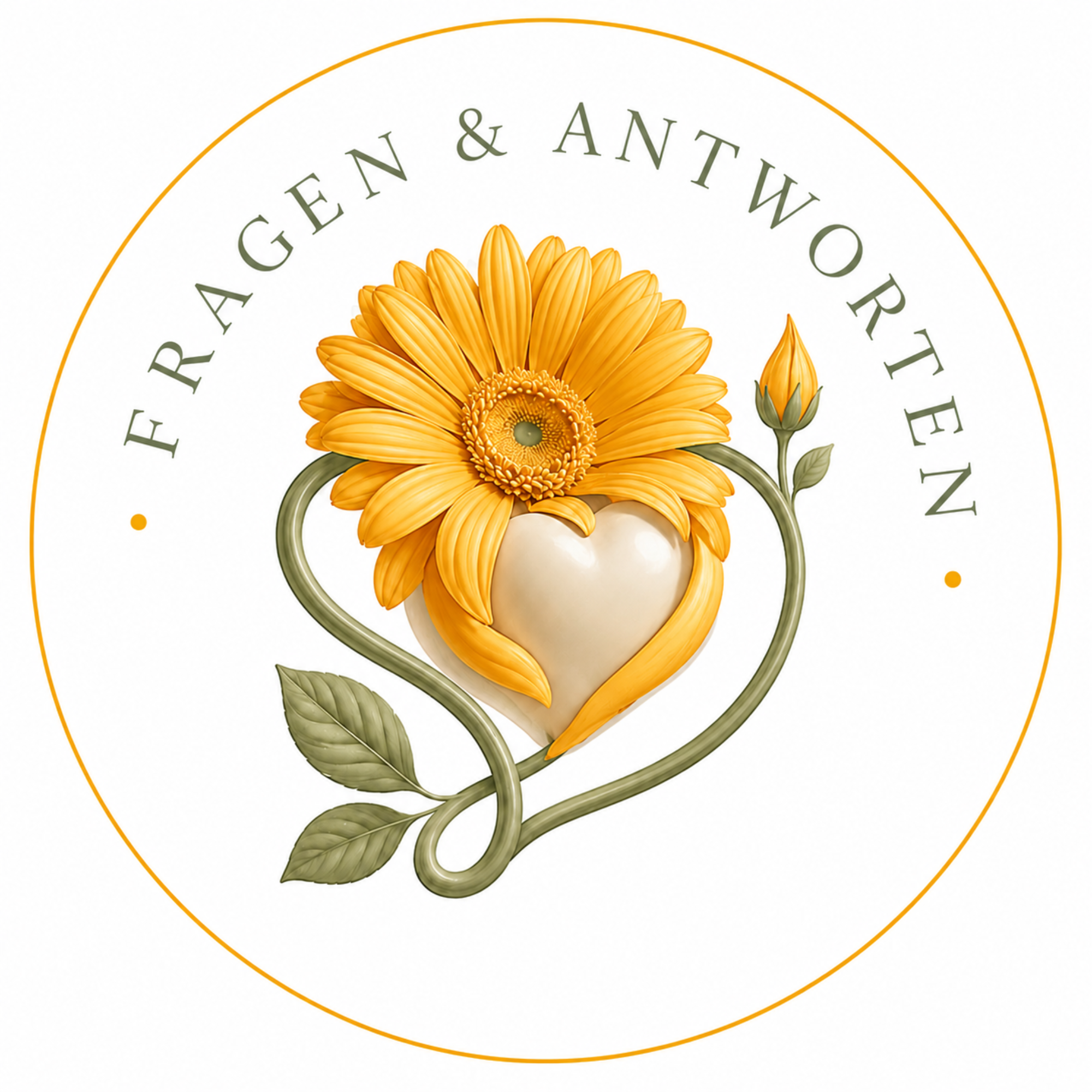 A circular logo with the German words FRAGEN & ANTWORTEN surrounds a golden flower and heart motif, with green leaves and a small bud.