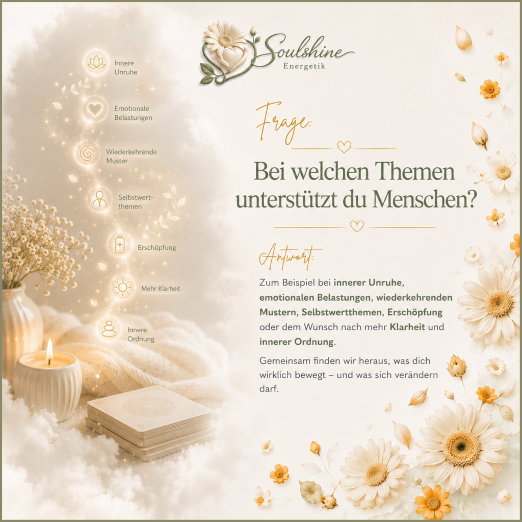 Sanfte SoulShine-Grafik zu HeilSein mit Themen wie innere Unruhe, emotionale Belastungen, wiederkehrende Muster, Selbstwert, Erschöpfung und Klarheit.
