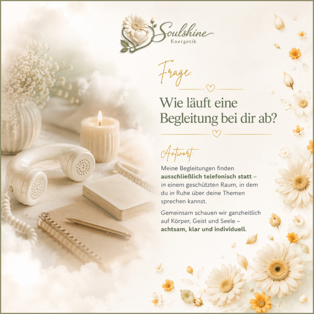 SoulShine Energetik zeigt die Frage, wie eine Begleitung abläuft, und erklärt telefonisch stattfindende, ganzheitliche Gespräche zu Körper, Geist und Seele.