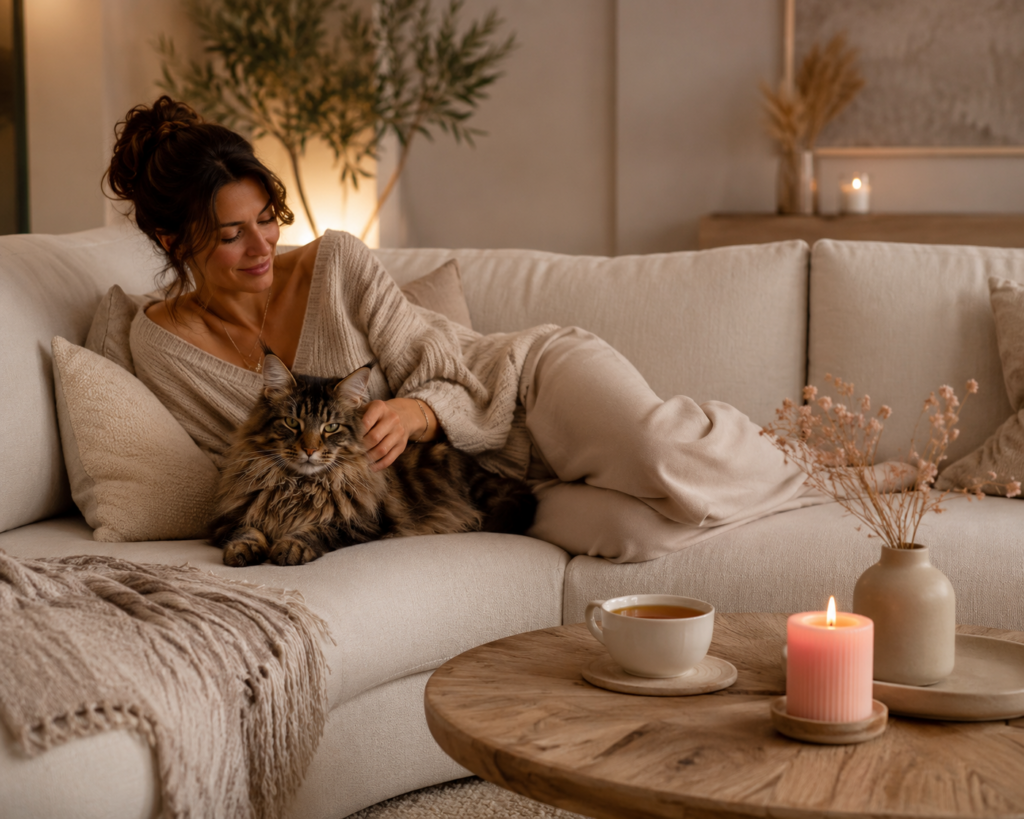 Eine Frau entspannt auf dem beigen Sofa und streichelt ihre Katze in einem warmen Wohnzimmer mit Kerze, Tee und sanften Naturtönen.