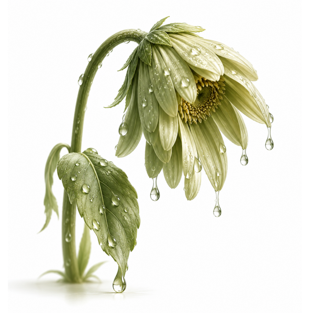 Eine herabhängende grüne Gerbera mit Wassertropfen vermittelt Erschöpfung, innere Blockade und den Wunsch nach neuer Lebenskraft auf leise Weise.