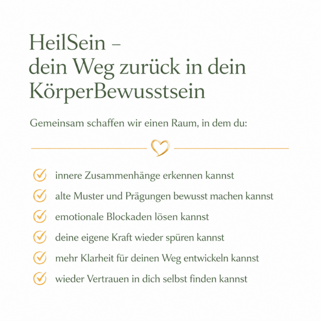 Klares HeilSein-Statement mit dem Weg zurück in dein KörperBewusstsein und Hinweisen zu inneren Zusammenhängen, Mustern, Blockaden und Klarheit.