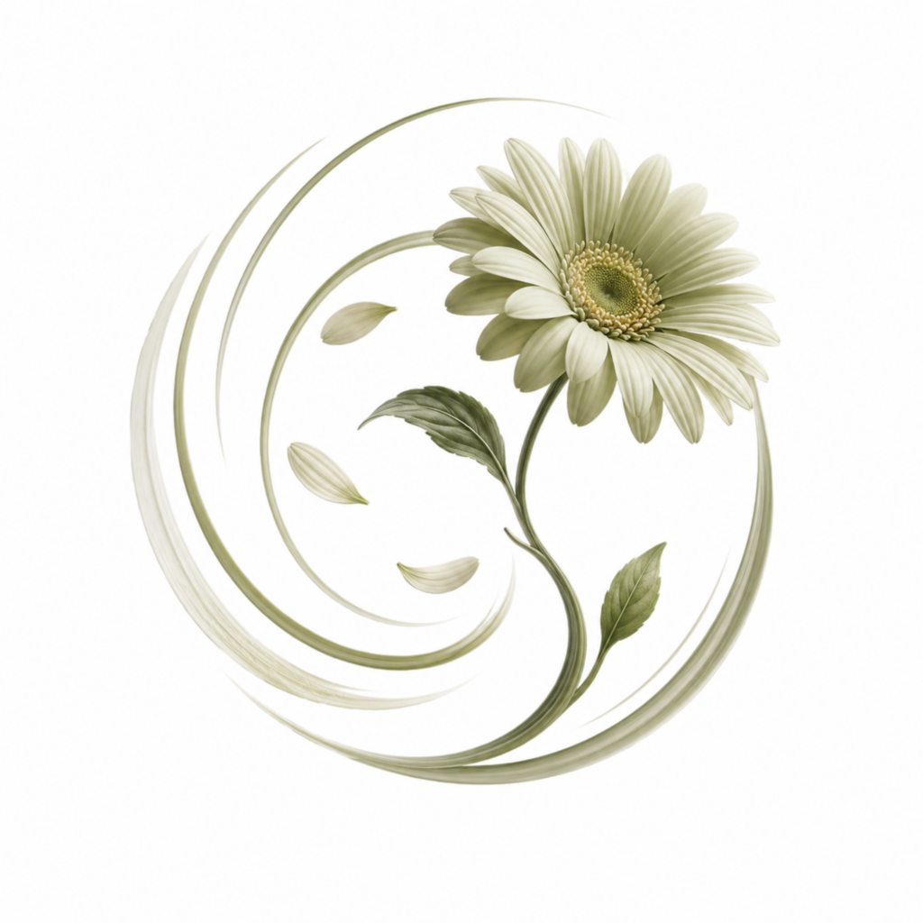 Zarte weiße Gerbera mit hellgrünen Blättern und kreisenden Linien auf weißem Hintergrund, passend zu HeilSein und innerer Balance.